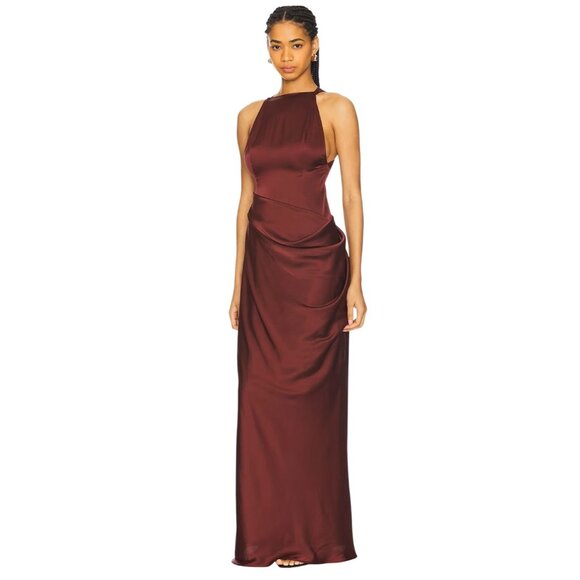 Ceren Ocak Satin Dress in Burgundy Small New Womens Long Maxi Gown - Picture 3 of 9